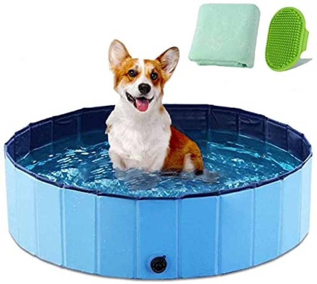 YASITY Dog Pool, Foldable Pet Swimming Pool with Bath Brush & Bath Towel, Outdoor Bathing Tub Kiddie Pool with Protective Lining, PVC Collapsible Pool for Dogs, Cats and Kids