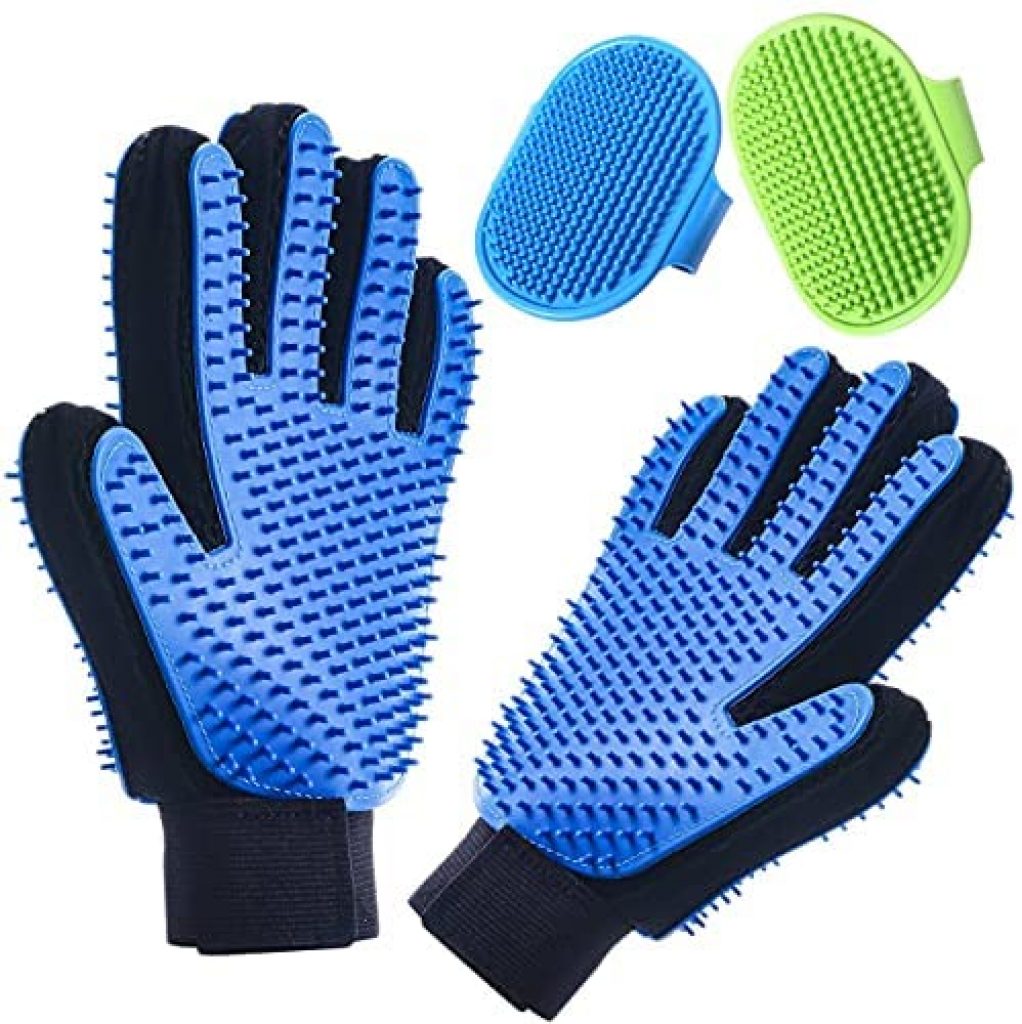 Pet Grooming Gloves Double Sided with Sponges Shedding Hair Remover Brush for Dogs Cats & Horses with Long or Short Fur Slicker Mitt Comb for Bath, Deshedding, Petting, Massage One Pair Black Gloves