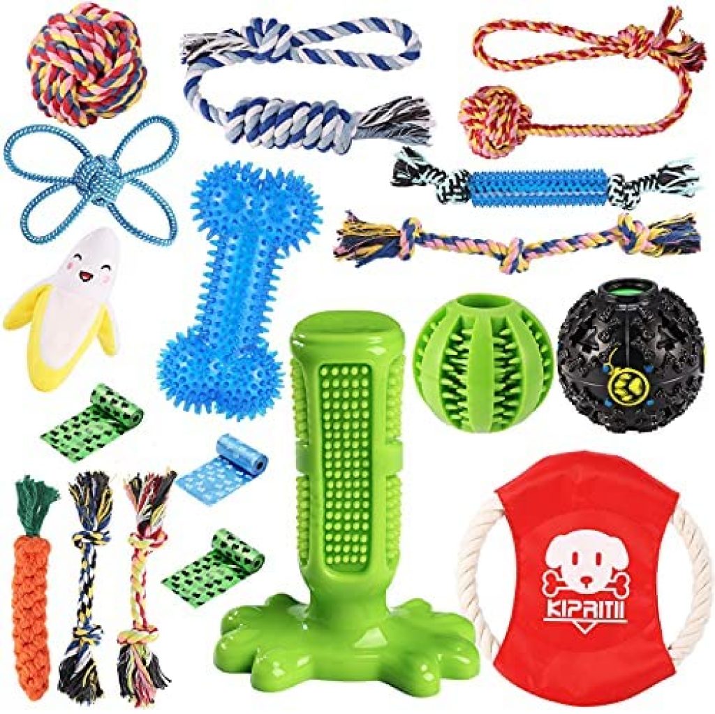KIPRITII Dog Chew Toys for Puppy - 18 Pack Puppies Teething Chew Toys for Boredom, Pet Dog Chew Toys with Rope Toys, More Squeaky Toy for Puppy and Small Dogs