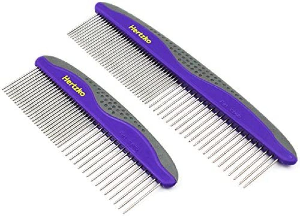HERTZKO 2 Pack Pet Combs Small & Large Comb Included for Both Small & Large Areas -Removes Tangles, Knots, Loose Fur and Dirt. Ideal for Everyday Use for Dogs and Cats with Short or Long Hair